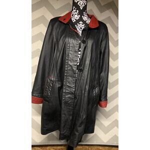 Vintage Black Leather Long Woman’s Jacket Red Lining Kircilar Lg Preppy Princes